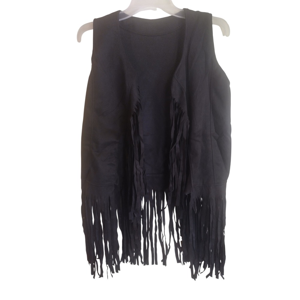 Black Faux Suede Fringe Vest Boho Western Open Front Sleeveless Medium